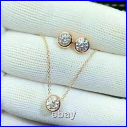 Real 3 Ct Round Moissanite Studs Earrings & Pendant Set 14K Yellow Gold Plated