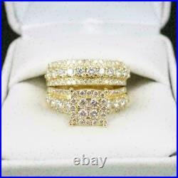 Real Moissanite His Her Bridal Trio Ring Set Yellow Gold Plated Engagement