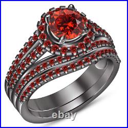 Red Garnet Black Gold Plated Pure 925 Silver Ladies Wedding Bridal Ring Set