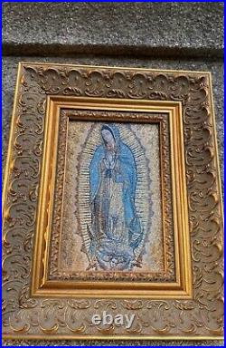 Religious icon set Of 2 Of Lady Guadalupe Mary Pure Cotton Gold Yarn Wood Frame