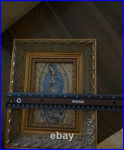 Religious icon set Of 2 Of Lady Guadalupe Mary Pure Cotton Gold Yarn Wood Frame
