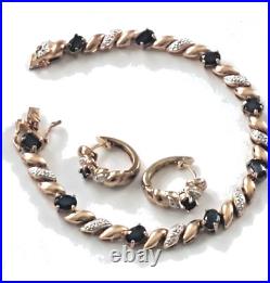 Set 18K gold over silver Genuine Sapphire & diamond accent bracelet & earrings