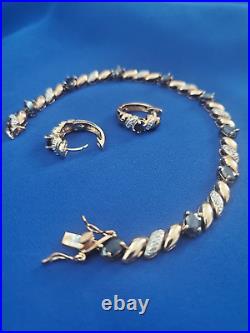 Set 18K gold over silver Genuine Sapphire & diamond accent bracelet & earrings