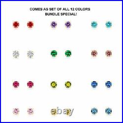 Set of 12! 14K Real Solid Gold Round CZ Birthstone Stud Earrings Push-back Studs