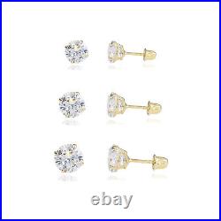 Set of 3! 14K Real Solid Gold Solitaire Round CZ Sleeper Stud Earrings Screwback