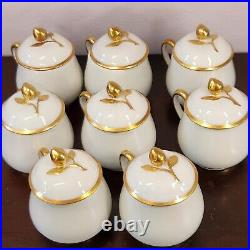 Set of 8 Limoges France Pot De Crème Dessert Cup Bowl Rosebud Finial White Gold