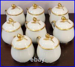 Set of 8 Limoges France Pot De Crème Dessert Cup Bowl Rosebud Finial White Gold