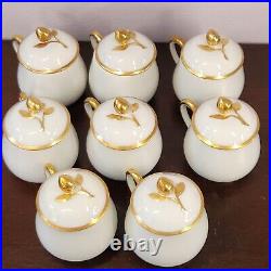 Set of 8 Limoges France Pot De Crème Dessert Cup Bowl Rosebud Finial White Gold