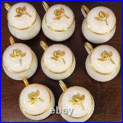 Set of 8 Limoges France Pot De Crème Dessert Cup Bowl Rosebud Finial White Gold