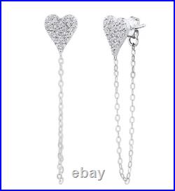 Shiny Pave Set Real Moissanites In 10k Pure White Gold Heart Chain Stud Earrings