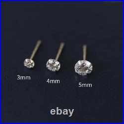Simple Four Prong round Diamond Pure 14K Gold Earrings Women Set Zircon Small Si