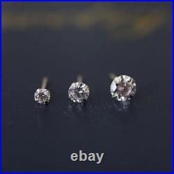 Simple Four Prong round Diamond Pure 14K Gold Earrings Women Set Zircon Small Si