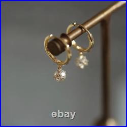 Simple Four Prong round Diamond Pure 14K Gold Earrings Women Set Zircon Small Si