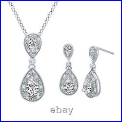 Simulated Sapphire & Diamond 14K White Gold Plated Silver Pendant & Earrings Set