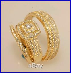 Solid 10K Yellow Pure Gold Diamond Engagement Bridal Wedding Band Trio Ring Set
