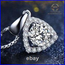 Solid 14K White Gold Moissanite Halo Wedding Pendant 2 Carat Round Cut For Women