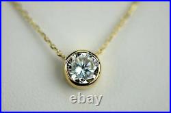 Solid 14k Gold 1ct Round Solitaire CZ Pendant Necklace Bezel Set Chain Gift