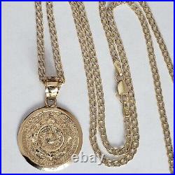 Solid 14k Yellow Gold Aztec Medallion Calendar Pendant 20 Inch cuban chain set