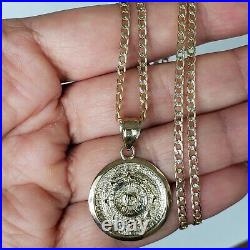 Solid 14k Yellow Gold Aztec Medallion Calendar Pendant 20 Inch cuban chain set