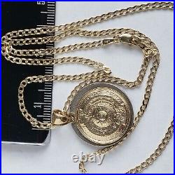 Solid 14k Yellow Gold Aztec Medallion Calendar Pendant 20 Inch cuban chain set