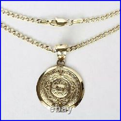 Solid 14k Yellow Gold Aztec Medallion Calendar Pendant 20 Inch cuban chain set