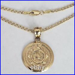 Solid 14k Yellow Gold Aztec Medallion Calendar Pendant 20 Inch cuban chain set