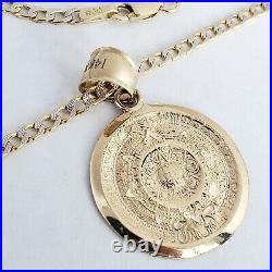 Solid 14k Yellow Gold Aztec Medallion Calendar Pendant 20 Inch cuban chain set