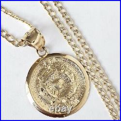 Solid 14k Yellow Gold Aztec Medallion Calendar Pendant 20 Inch cuban chain set