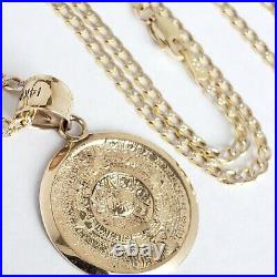 Solid 14k Yellow Gold Aztec Medallion Calendar Pendant 20 Inch cuban chain set