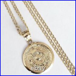 Solid 14k Yellow Gold Aztec Medallion Calendar Pendant 20 Inch cuban chain set