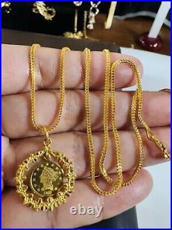 Solid 22K 916 Fine Real Yellow Dubai Gold 20 Long Coin Set Necklace 1.8mm 9.64g