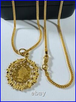 Solid 22K 916 Fine Real Yellow Dubai Gold 20 Long Coin Set Necklace 1.8mm 9.64g