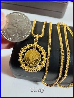 Solid 22K 916 Fine Real Yellow Dubai Gold 20 Long Coin Set Necklace 1.8mm 9.64g