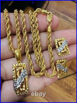 Solid 22K 916 Gold 16 Long Rectangle Set Earring Necklace 13.8gg 3.5mm Two-tone