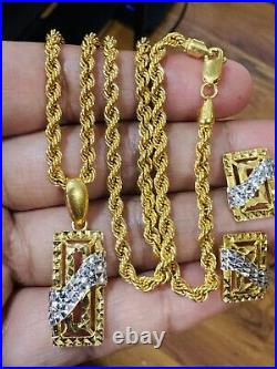 Solid 22K 916 Gold 16 Long Rectangle Set Earring Necklace 13.8gg 3.5mm Two-tone