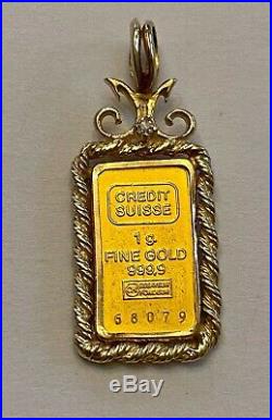Solid CREDIT SUISSE 999 Pure Gold 1g Pendant Ingot Set In 14kt Bezel with Diamond