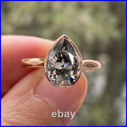 Solitaire Bezel Set Gray Moissanite Engagement Ring Pear Cut Wedding Jewelry Her