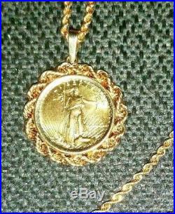 Standing Liberty 1/10 oz pure gold coin in 14 Kt Setting with 24 14 kt Chain