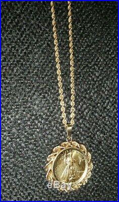 Standing Liberty 1/10 oz pure gold coin in 14 Kt Setting with 24 14 kt Chain