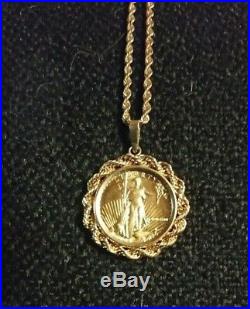 Standing Liberty 1/10 oz pure gold coin in 14 Kt Setting with 24 14 kt Chain