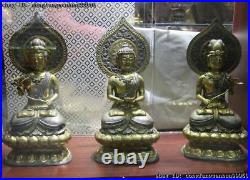 Tibet Buddhism Pure Silver Gold Gilt Three Saints of the West Buddha Set Statue