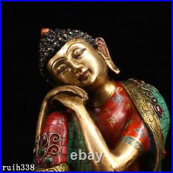 Tibet Pure copper set Gem Color painting Gold description Sleeping Buddha statue