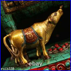 Tibet Pure copper set gemstone Color painting Gold description Heifer statue