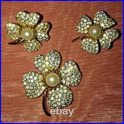 Trifari Signed Gold Tone Rhinestone And Pearl Brooch And Earrings. Perfect