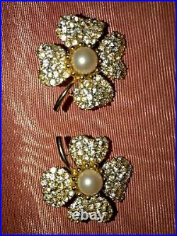 Trifari Signed Gold Tone Rhinestone And Pearl Brooch And Earrings. Perfect