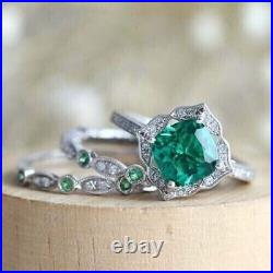 Trio Bridal Ring Set 4.40Ct Simulated Green Emerald Women 14K White Gold Finish