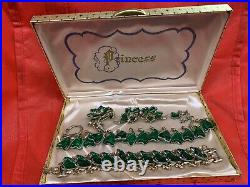 VINTAGE 1950's EMERALD GREEN JEWELRY SET PRINCESS 24 K Gold Plated