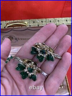 VINTAGE 1950's EMERALD GREEN JEWELRY SET PRINCESS 24 K Gold Plated