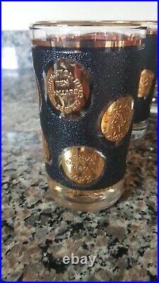 VIntage American Coin Black with gold trim & coins set of 8 perfect highball glass