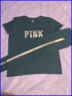 VS PINK XL Satin Green Perfect Tee Leggings In Satin Green With Gold Stripe Set